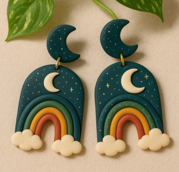 Unique clay earrings featuring a rainbow design with clouds, moons, and stars in vibrant colors on a dark blue background.